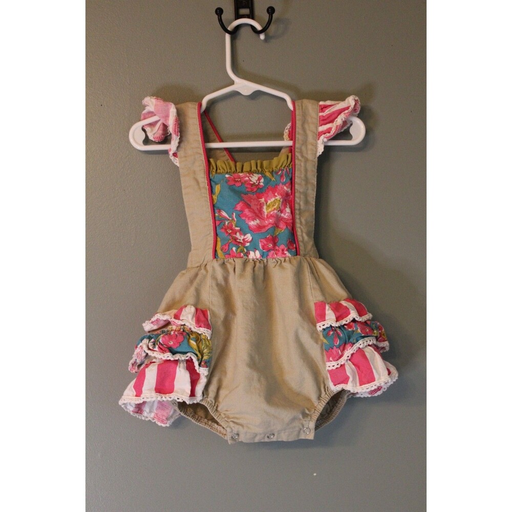 Adora-bay Baby Girl Romper Size 12M Beige Khaki Pink Teal Floral Ruffled